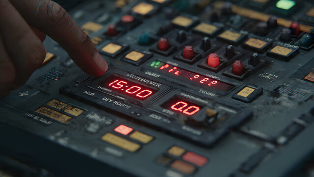 Ultra-realistic control panel showing fictional error notification being acknowledged by hand