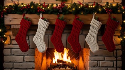 Festive christmas stockings dangle above a warm fireplace with burning logs. Perfect for holidaythemed designs and seasonal greetings cards.