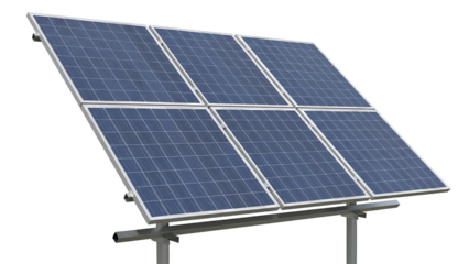 Ground mounted photovoltaic array with six panels isolated on black background