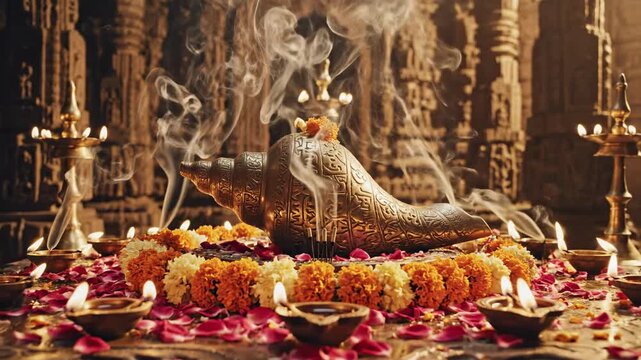 Establishing wide shot of a traditional Indian temple altar setting featuring a large decorated brass conch shell surrounded by flickering oil lamps and incense smoke devotion, celebration, indian