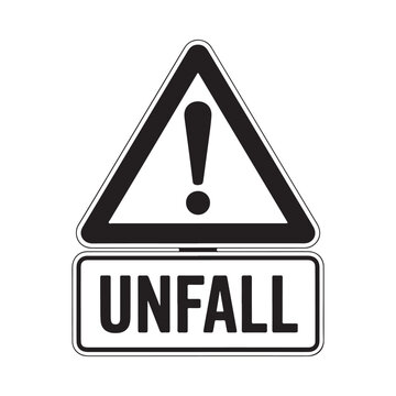 A black and white triangular warning sign with the word unfall underneath