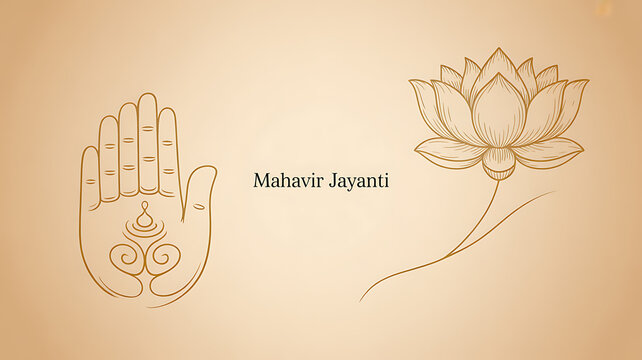 Mahavir Jayanti illustration featuring a hand symbol and lotus flower on a beige background