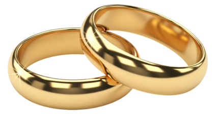 Two gleaming gold wedding rings interlocked, representing commitment and eternal love on a dark background.