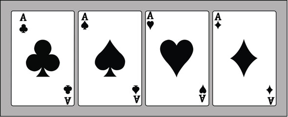 vector set of four aces- playing cards, gambling, poker, vector illustration Poker aces collection, four ace playing card icons isolated, spade heart club diamond suits, casino gambling symbol, blackj
