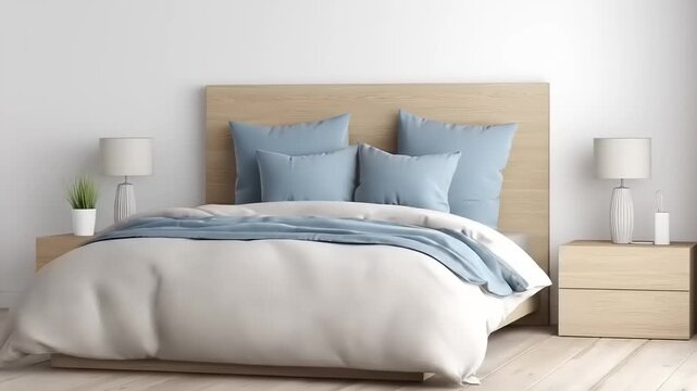 A modern bedroom featuring a bed with blue pillows and wooden headboard. Two bedside tables with lamps