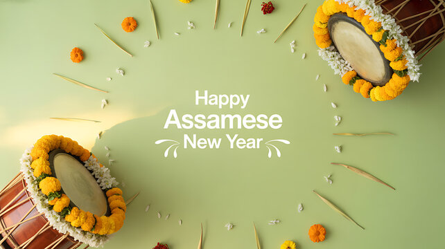 Celebratory arrangement for Assamese New Year with traditional drums and floral decorations on a green background