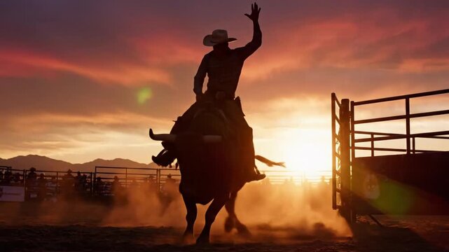A cowboy riding a bull in a rodeo arena at sunset with mountains