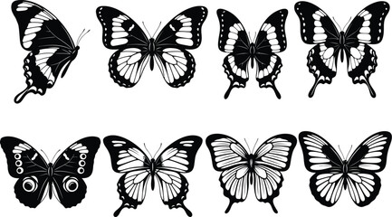 A collection of various butterfly designs in black and white vector format
