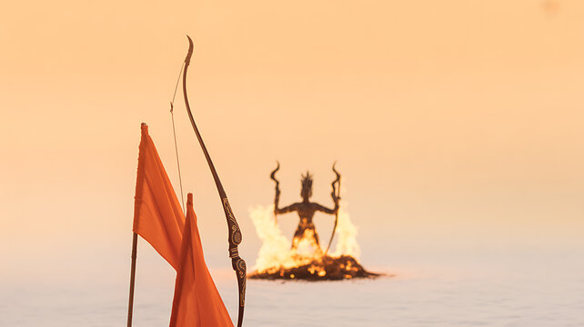 Silhouette of a flaming figure with horns and raised arms on water, with a bow and orange flags in the foreground at sunset - Powered by Adobe