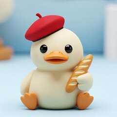 Adorable Duck Figurine with Beret and Baguette - A Charming French-Inspired Collectible.