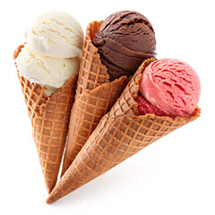 Three Ice Cream Cones with Vanilla Chocolate and Strawberry Scoops Isolated on White
