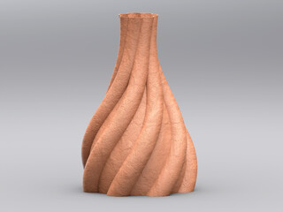 Twisted tan vase with fibrous helical texture on subtle gray backdrop. 3D render