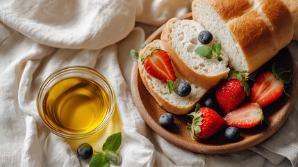 simple breakfast scene with bread olive oil and fresh fruit on neutral background