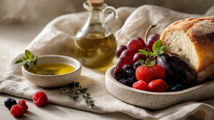 simple breakfast scene with bread olive oil and fresh fruit on neutral background