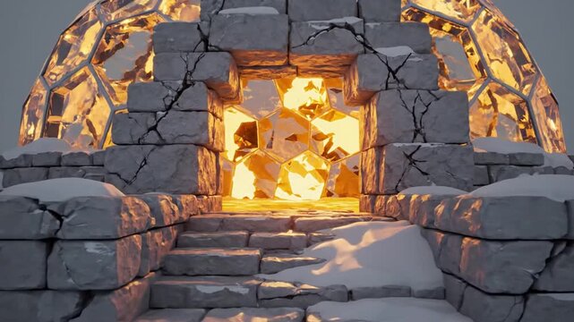 A warmly lit igloo stands in a snowy landscape with a glowing fire inside on a cold winter evening.