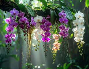 Exotic Purple and White Orchids in Garden Setting