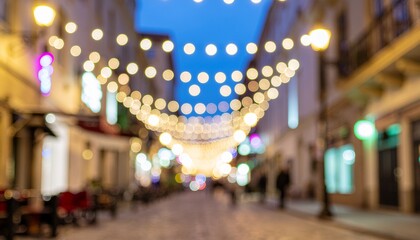Blurred string lights hanging over a street at dusk