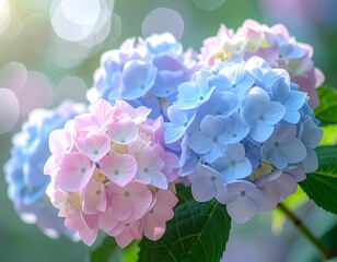 Softly Lit Hydrangea Blooms in Pink and Blue
