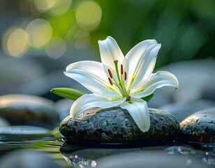 A Pristine White Lily Bloom on Zen Stones