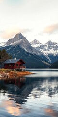 Tranquil lakehouse nestled beside calm waters, majestic mountains loom behind ,  peaceful,  hills