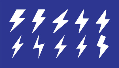 Collection of bright white lightning bolt icons on a deep blue background-vector