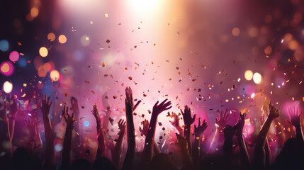 Ecstatic crowd raising hands at a vibrant concert illuminated by colorful stage lights and showered with falling confetti du an energetic live music performance.
