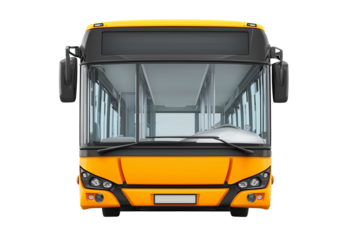 Detailed front view of a modern yellow public transportation bus isolated on a black background