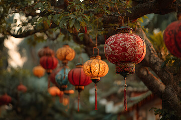 Beautiful traditional lanterns hanging from a tree during Chinese lunar new year.