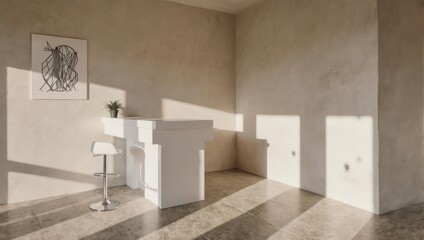 Modern minimalist interior with sunlit walls and a white reception desk.