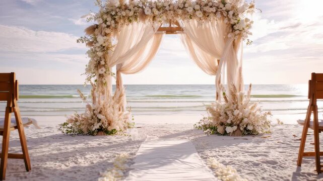 Bohemian beach wedding arch setup with pampas grass and white flowers, 4k high quality footage