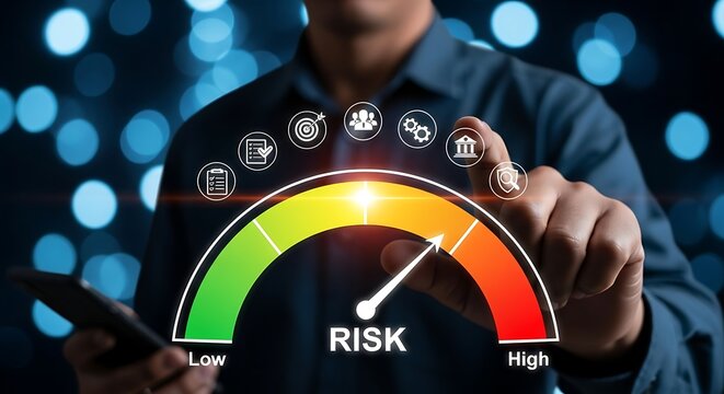 Businessman analyzing and managing risk with a digital gauge and technology icons on a futuristic blurred background - Powered by Adobe