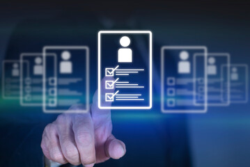 HR manager evaluating resumes and applicant data using online platform hiring with HR manager scrolling digital resume on virtual screen