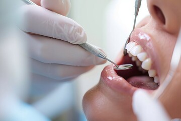 A dentist uses dental instruments to examine a patient's teeth during a routine checkup