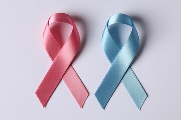 Two Satin Awareness Ribbons, One Pink and One Blue, Lying Together on a Clean White Background; Symbolizing Birth Defects Prevention and Support.