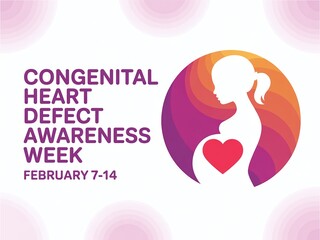 Congenital Heart Defect Awareness Week Banner (February 7-14) with Pregnant Woman Silhouette, Heart Icon, and Vibrant Pink/Purple Gradient Background.