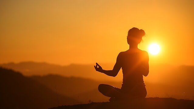 Silhouette of a person meditating at sunrise, surrounded by a warm golden glow and mountain scenery.