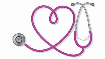 Fototapeta premium Bright Pink Stethoscope Shaped into a Heart Symbol on a White Background, Representing Cardiology, Healthcare Love, and Medical Education.