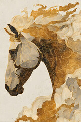 Golden silhouette of horse integrated into abstract chinese brush strokes on cream background with fine sparkles, modern take on 2026 new year card