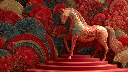 Fototapeta premium Chinese new year podium with red layered steps, behind it a decorative fire horse made of intricate red-gold paper-cut patterns, 2026 theme