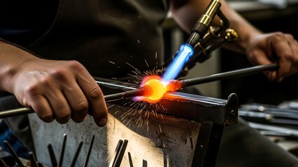 Close-up of a metal worker using a blowtorch to weld metal.