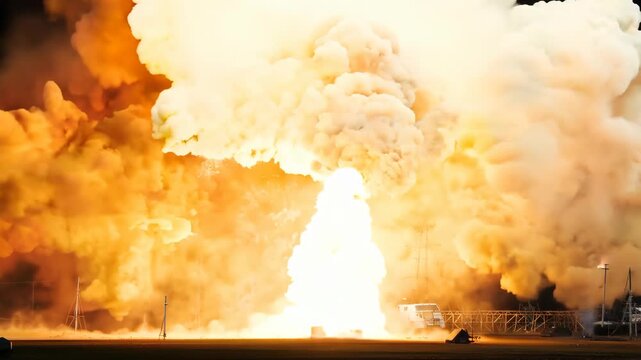 A powerful nighttime rocket launch showcases dramatic flames and thick clouds of smoke against a dark sky. the intense glow illuminates the surroundings, emphasizing the impressive scale and energy of