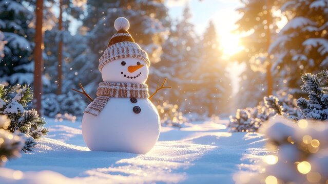 a cute snowman in the morning in winter season