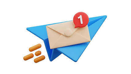 3d illustration of a blue paper airplane carrying a beige envelope with a red notification bubble showing the number one isolated on transparent background