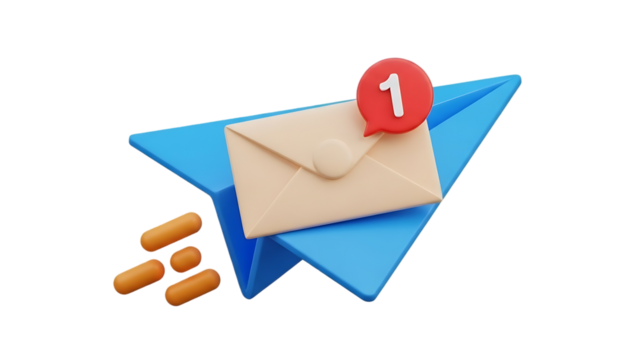 3d illustration of a blue paper airplane carrying a beige envelope with a red notification bubble showing the number one isolated on transparent background - Powered by Adobe