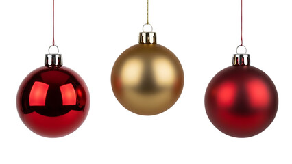 Three festive christmas ornaments one gold and two red hanging and isolated on a transparent background for holiday decoration isolated on transparent background