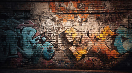 Fototapeta premium An aged brick wall displays vibrant graffiti art with colorful tags and abstract designs creating a textured and urban backdrop for a street scene setting.