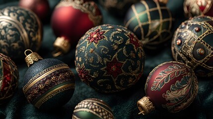 Luxurious collection of Christmas tree ornaments includes red, green, and gold baubles with intricate patterns on dark green velvet.