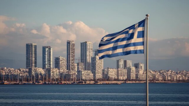 Greek flag waving over modern city skyline and harbor, 4k high quality footage