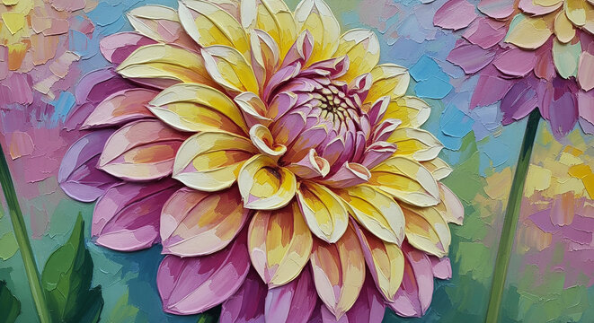 3D art of colorful pastel dahlia flower with yellow and pink petals oil art painting 3D relief wallpaper for mural wall art, canvas print, wall decor painting design