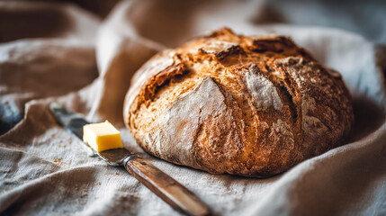 Freshly baked bread with a pat of butter on a linen cloth.